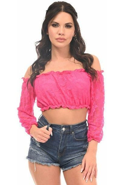 Fuchsia Lined Lace Long Sleeve Peasant Top