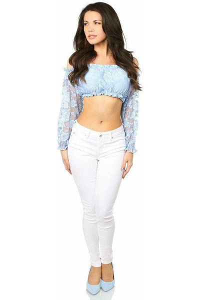 Lt Blue Lined Lace Long Sleeve Peasant Top - Daisy Corsets