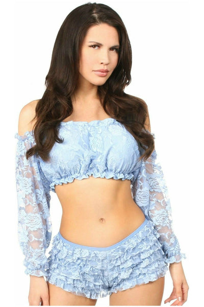 Lt Blue Lined Lace Long Sleeve Peasant Top - Daisy Corsets