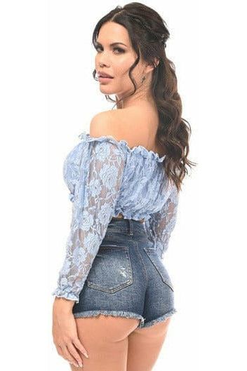 Lt Blue Lined Lace Long Sleeve Peasant Top