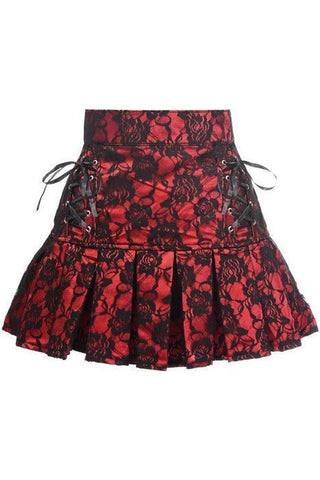 Red Satin w/Black Lace Overlay Lace-Up Skirt