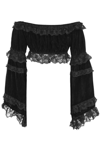 Black Velvet Smocked Flare Sleeve Peasant Top