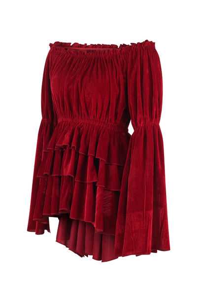 Dark Red Velvet Ruffle Dress