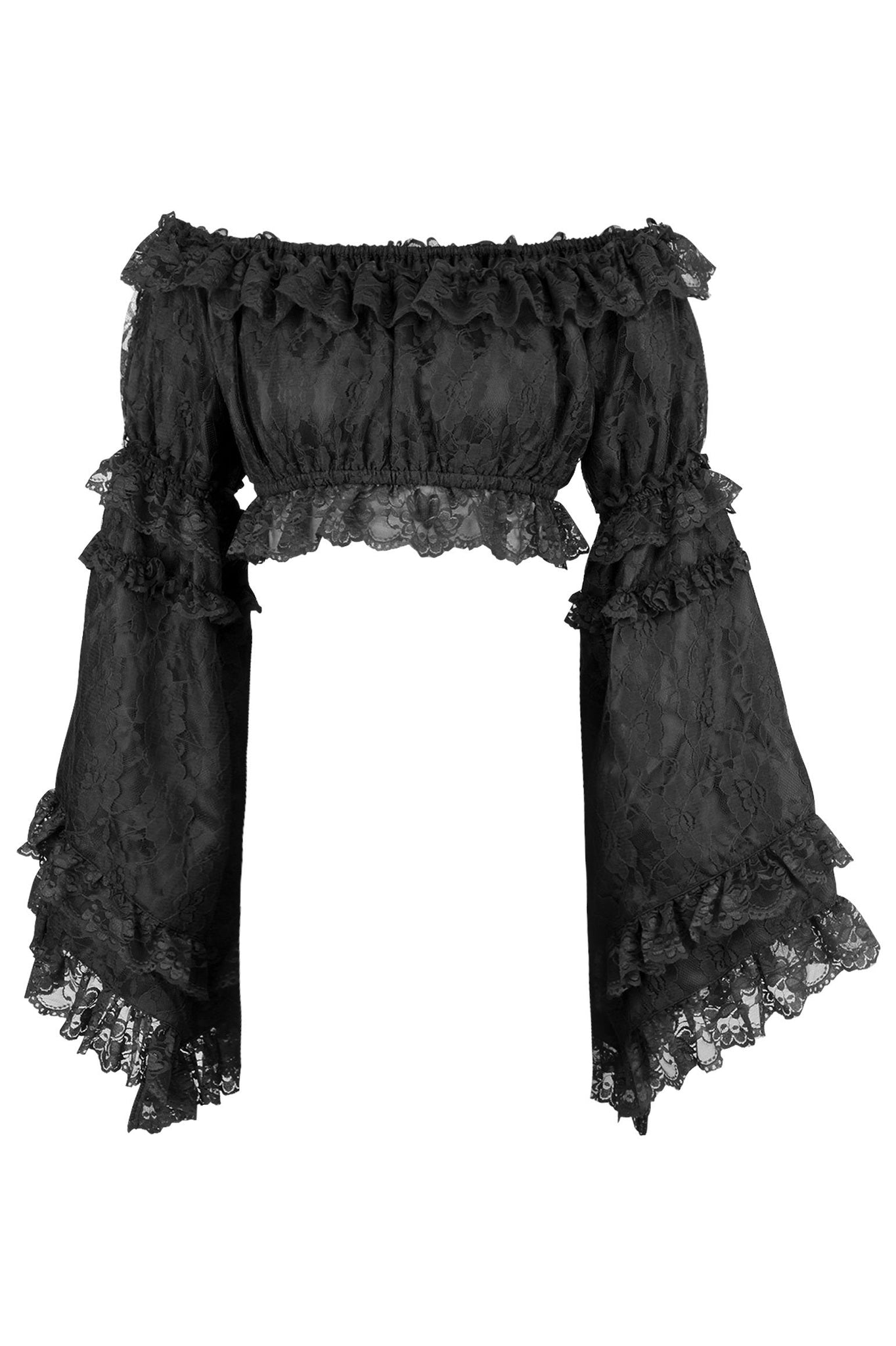 Black Lace Smocked Flare Sleeve Peasant Top