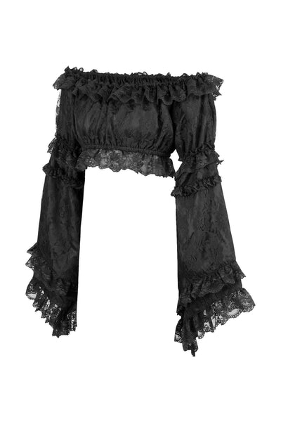 Black Lace Smocked Flare Sleeve Peasant Top