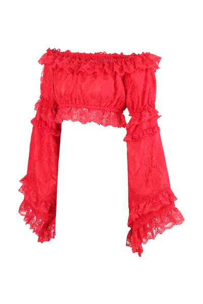 Red Lace Smocked Flare Sleeve Peasant Top