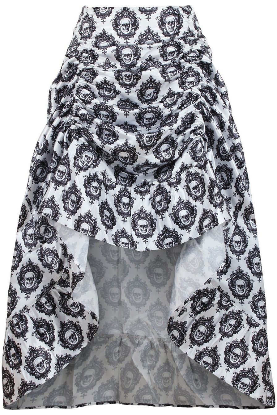 White & Black Skull Satin Adjustable High Low Skirt - 34" Long