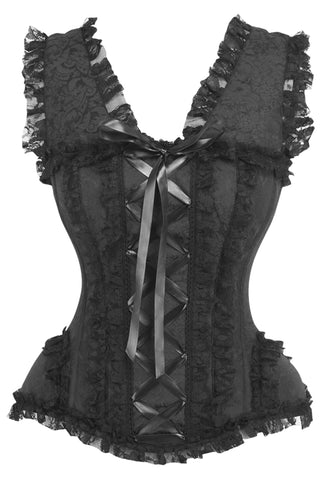 Top Drawer Black Brocade & Lace Steel Boned Corset w/Cap Sleeves