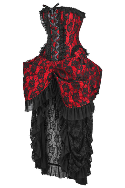 Top Drawer Steel Boned Red w/Black Lace Bustle Corset Dress