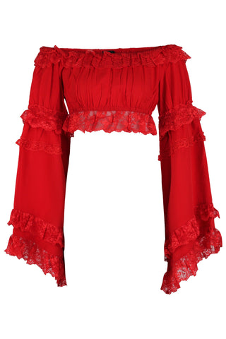 Red Smocked Flare Sleeve Peasant Top