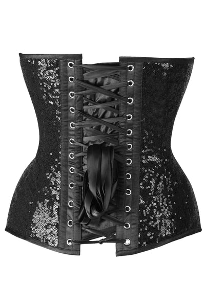 Top Drawer Steel Boned Black Sequin Plunge Neckline Overbust Corset