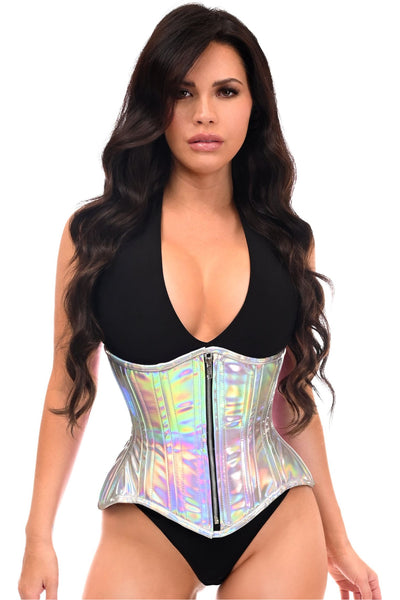 Top Drawer Silver Holo Double Steel Boned Underbust Waist Cincher Corset