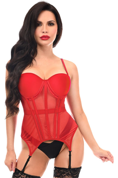 Lavish Red Mesh Underwire Bustier Corset w/Garters