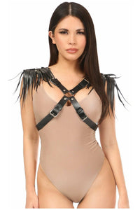 Black Vegan Leather Body Harness w/Shoulder Fringe - Daisy Corsets