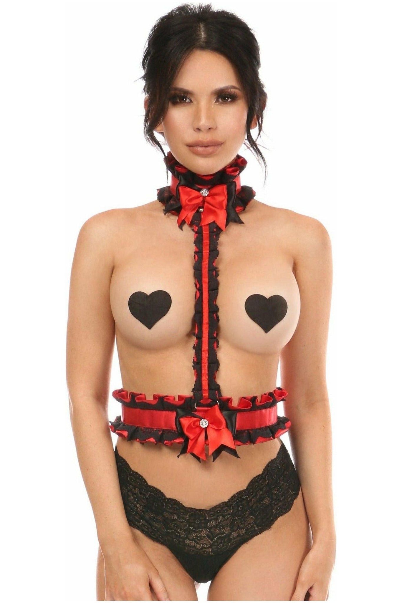 Kitten Collection Red/Black Lace Single Strap Body Harness - Daisy Corsets