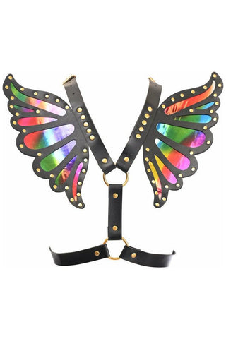 Black Faux Leather & Rainbow Holo Butterfly Wing Harness