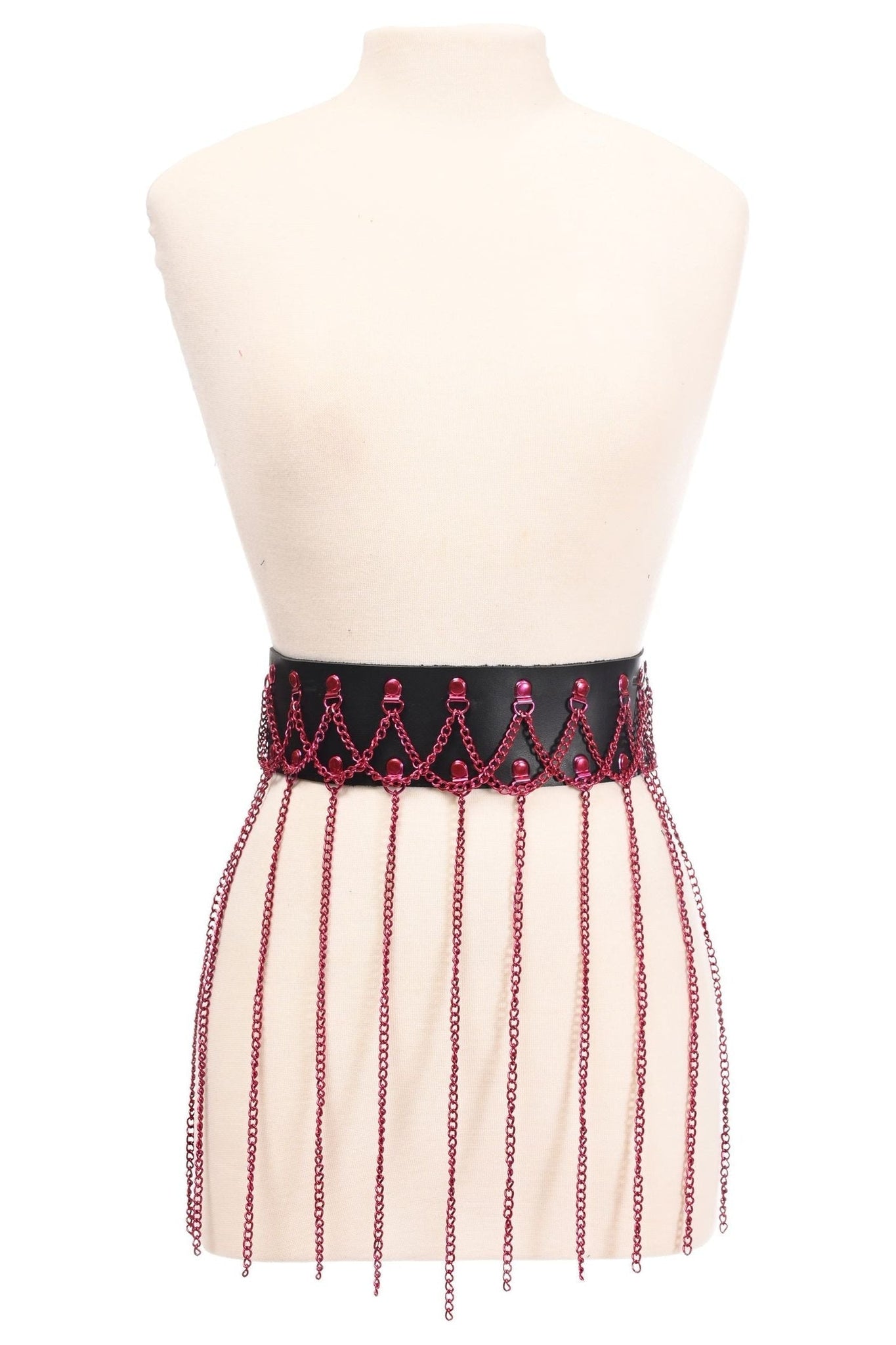 Black Faux Leather & Pink Metallic Chain Fringe Skirt