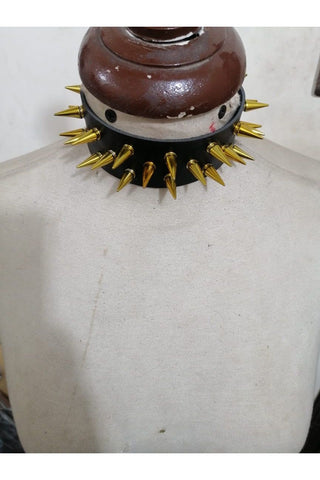 Black Faux Leather & Gold Metallic Spike Choker