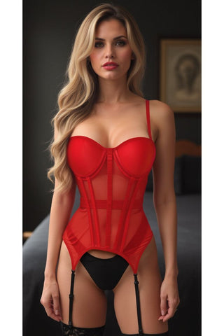 Lavish Red Mesh Underwire Bustier Corset w/Garters