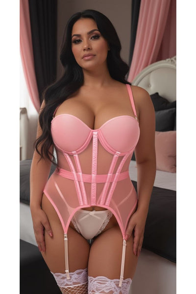 Lavish Lt Pink Mesh Underwire Bustier Corset w/Garters