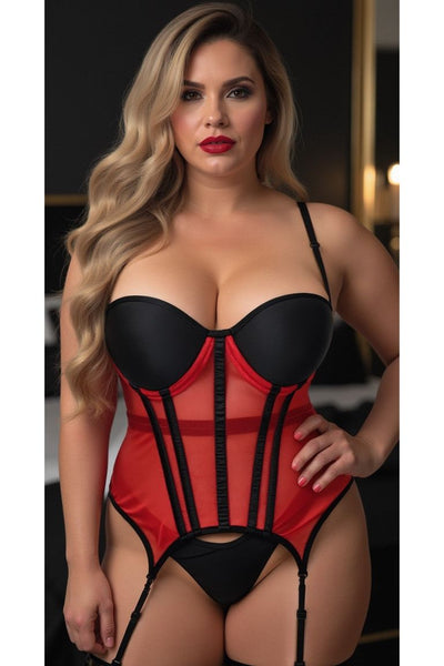 Lavish Red/Black Mesh Underwire Bustier Corset w/Garters