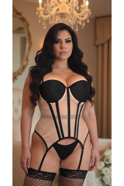 Lavish Nude/Black Mesh Underwire Bustier Corset w/Garters