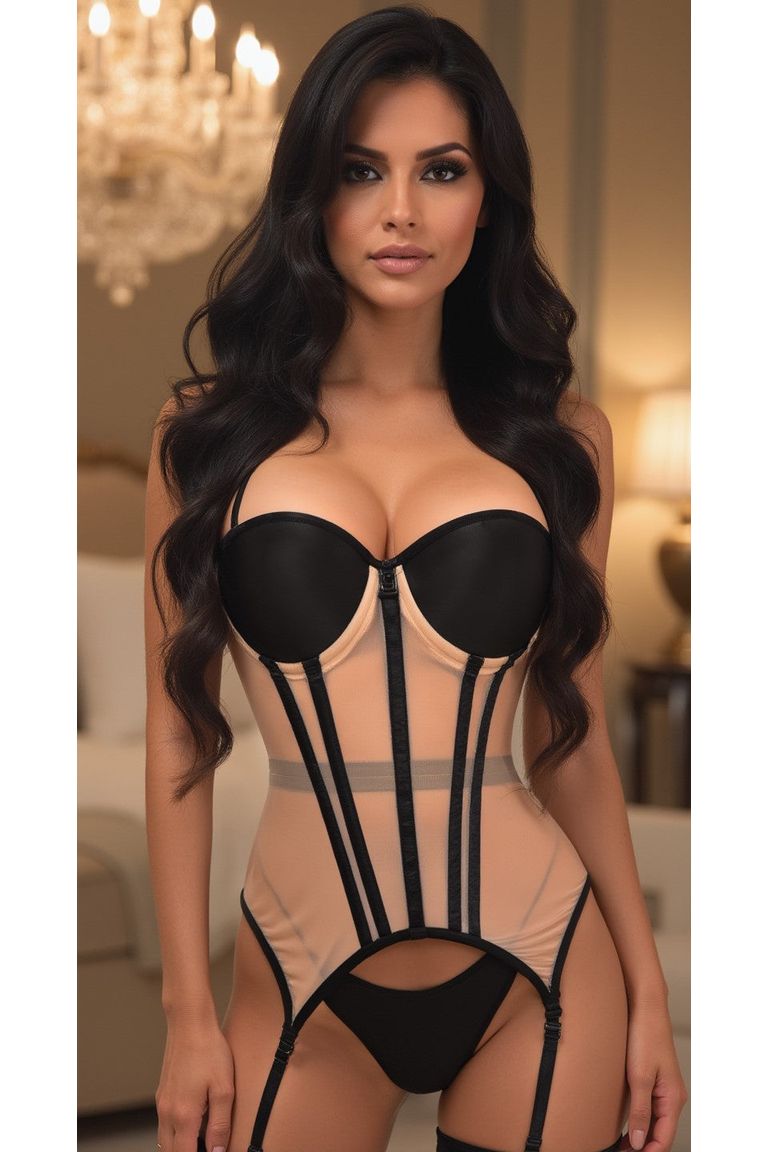 Lavish Nude/Black Mesh Underwire Bustier Corset w/Garters