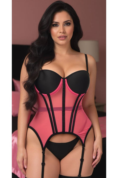 Lavish Pink/Black Mesh Underwire Bustier Corset w/Garters