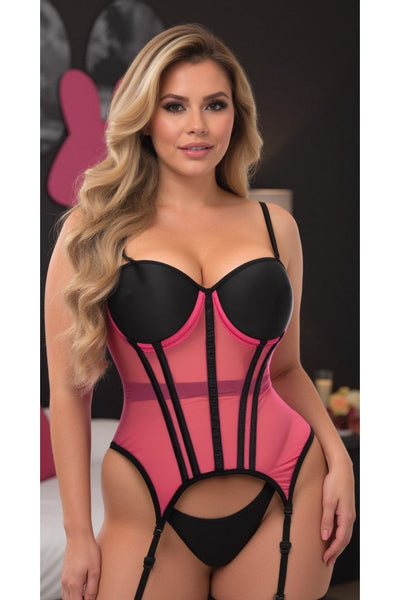 Lavish Pink/Black Mesh Underwire Bustier Corset w/Garters