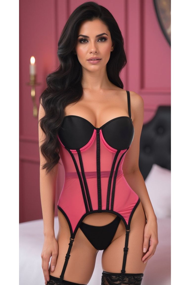 Lavish Pink/Black Mesh Underwire Bustier Corset w/Garters