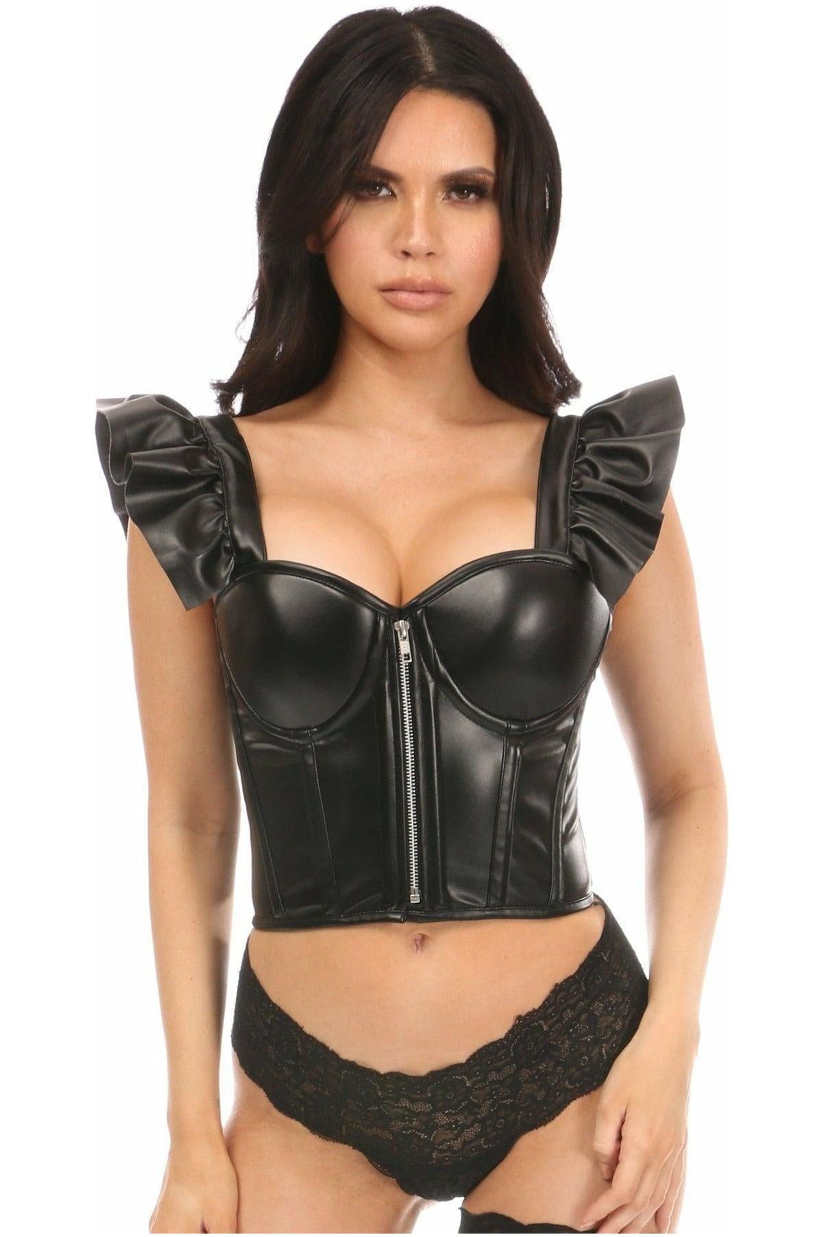 Lavish Black Faux Leather Bustier Top w/Ruffle Sleeves - Daisy Corsets