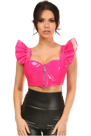 Lavish Hot Pink Patent Underwire Bustier Top w/Removable Ruffle Sleeves