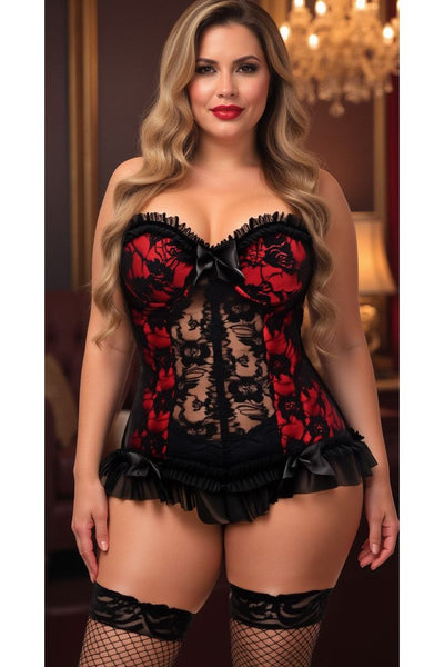 Lavish Red w/Black Lace & Lycra Hook & Eye Stretch Bustier Corset