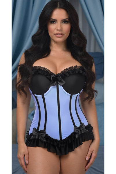 Lavish Lt Blue w/Black Lycra Hook & Eye Stretch Bustier Corset