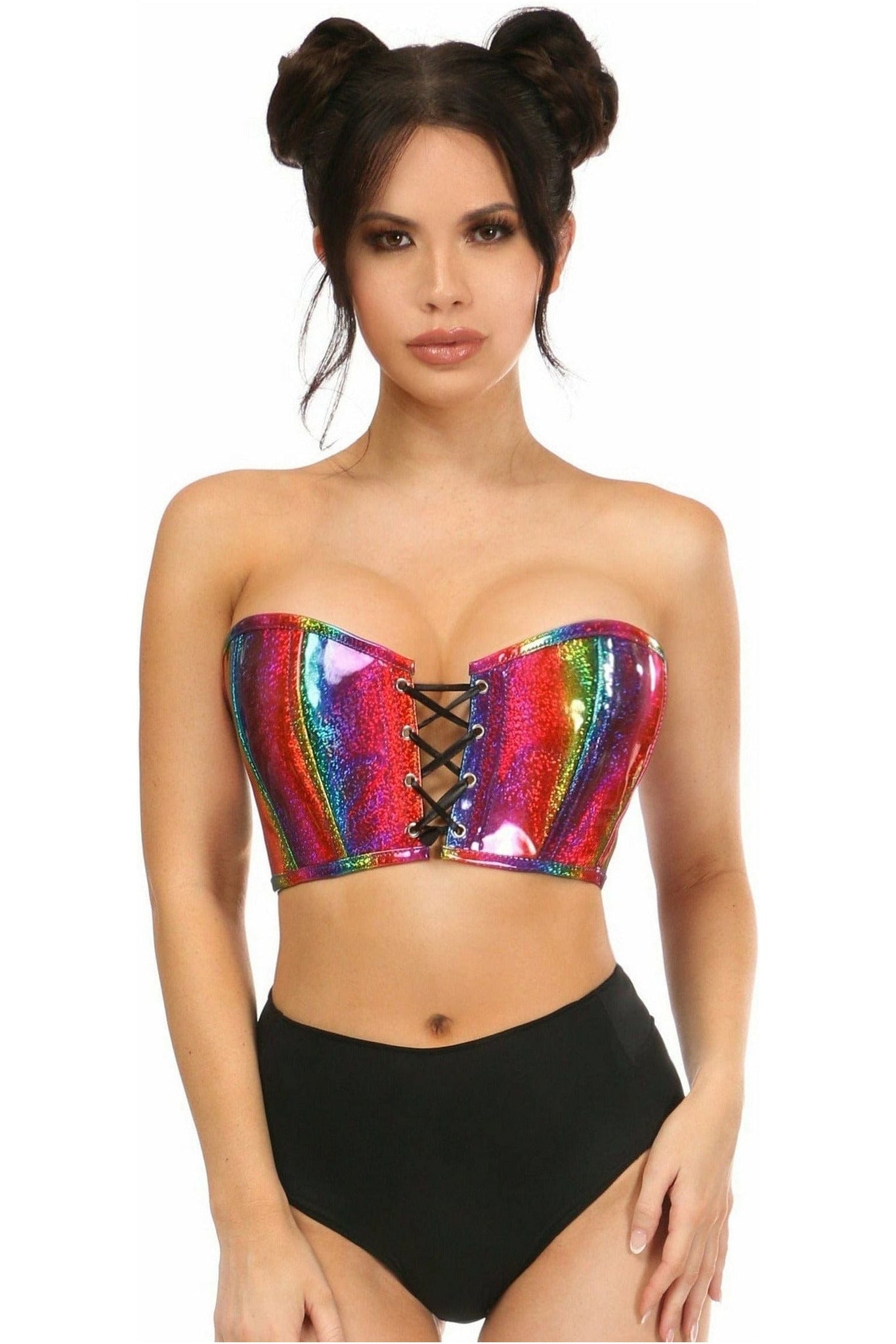 Lavish Rainbow Glitter PVC Lace-Up Bustier Top