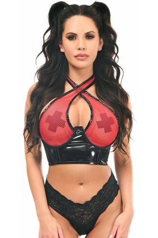 Lavish Red/Black Vinyl & Fishnet Halter Top Underwire Cincher