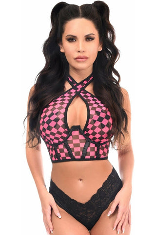 Lavish Black/Pink Checker Mesh Underwire Cincher w/Built In Halter Top