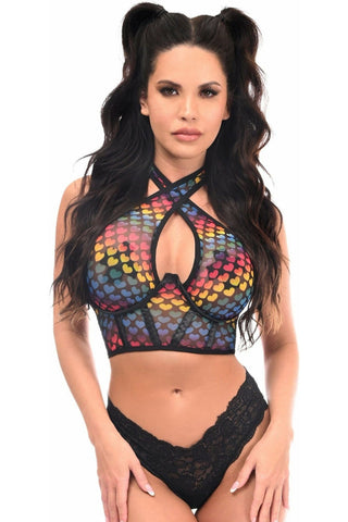 Lavish Rainbow Hearts Mesh Underwire Cincher w/Built In Halter Top