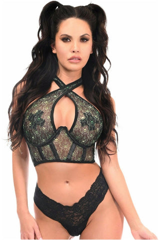 Lavish Green Skulls Print Mesh Underwire Cincher w/Built In Halter Top