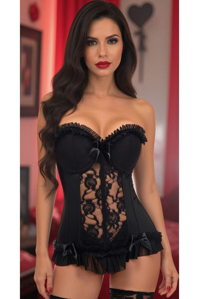 Lavish Black Lycra & Lace Hook & Eye Stretch Bustier Corset