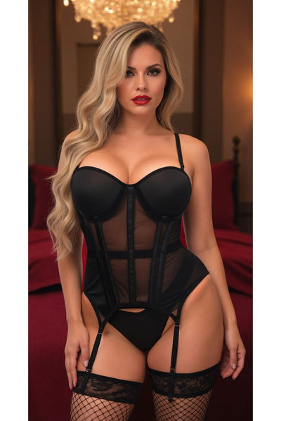 Lavish Black Mesh Underwire Bustier Corset w/Garters