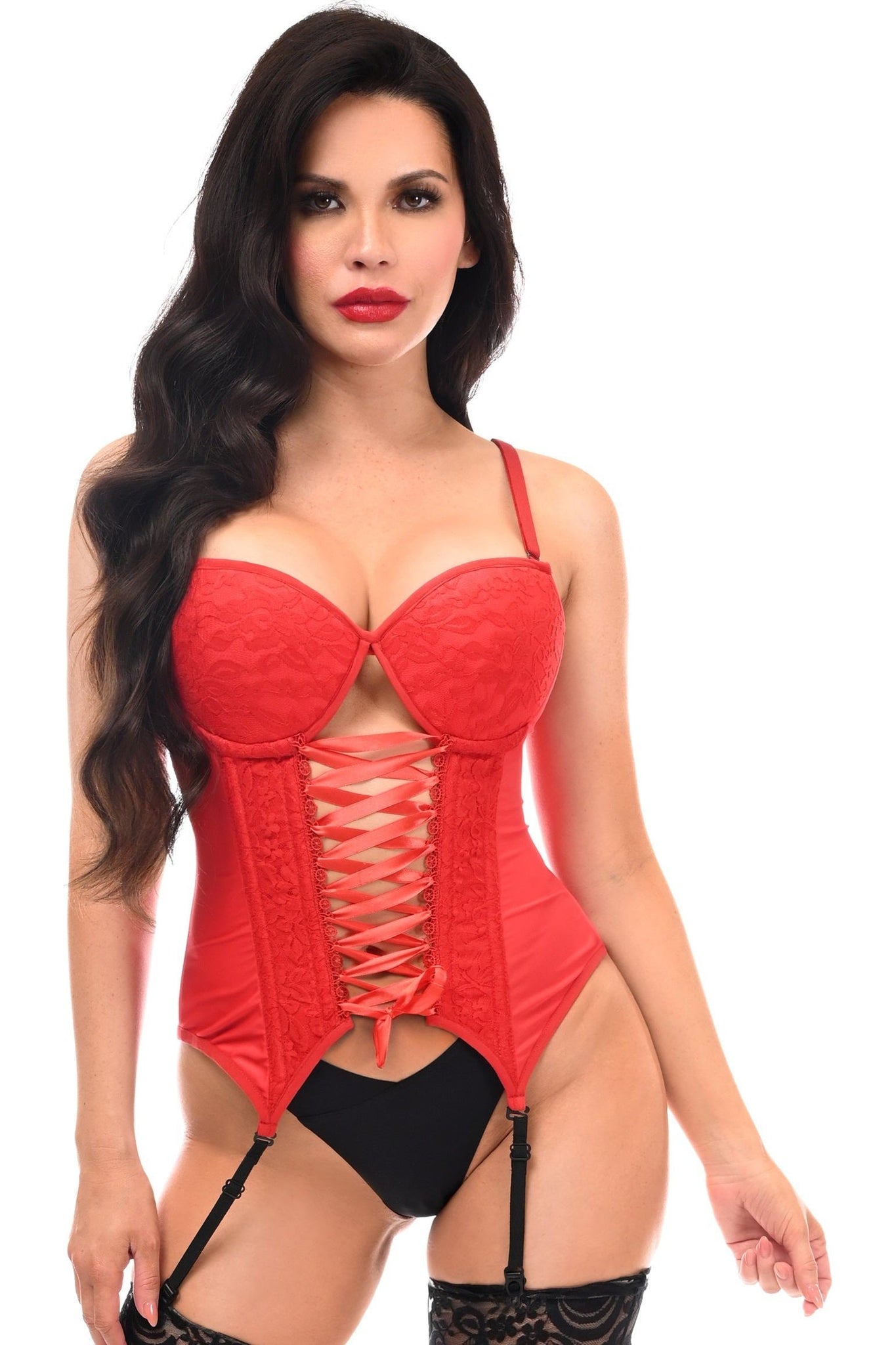 Lavish Red Lycra & Lace Hook & Eye Lace-Up Bustier Corset w/Garters