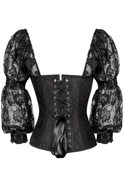 Top Drawer Black w/Black Lace Steel Boned Long Sleeve Corset