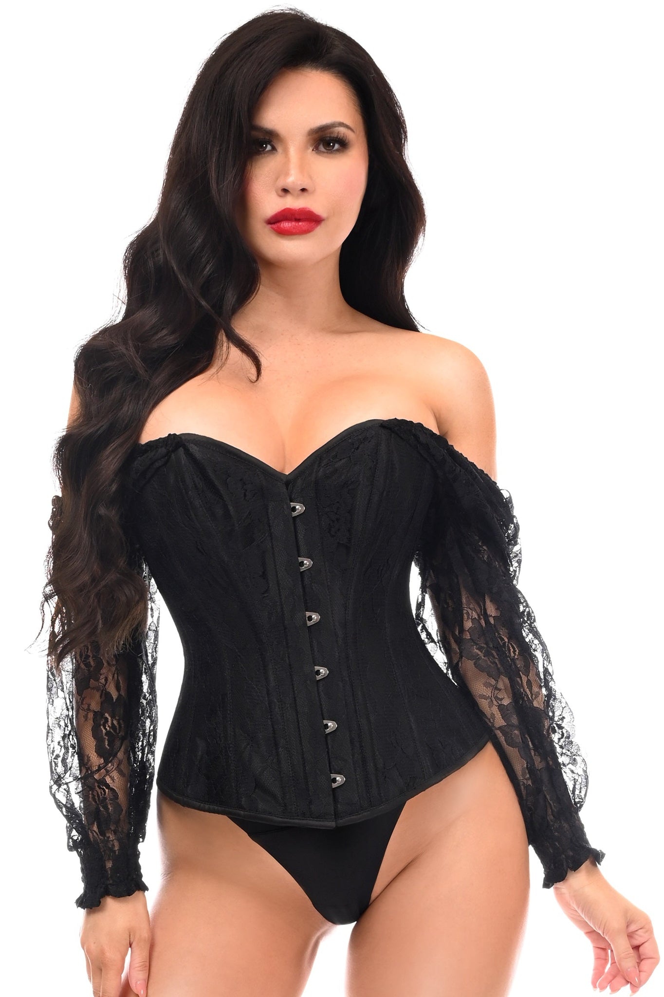 Top Drawer Black w/Black Lace Steel Boned Long Sleeve Corset