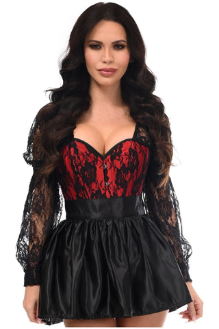 Top Drawer 2 PC Red/Black Lace Steel Boned Corset & Satin Skirt Set