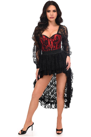 Top Drawer 2 PC Red/Black Lace Steel Boned Corset & Lace Skirt Set