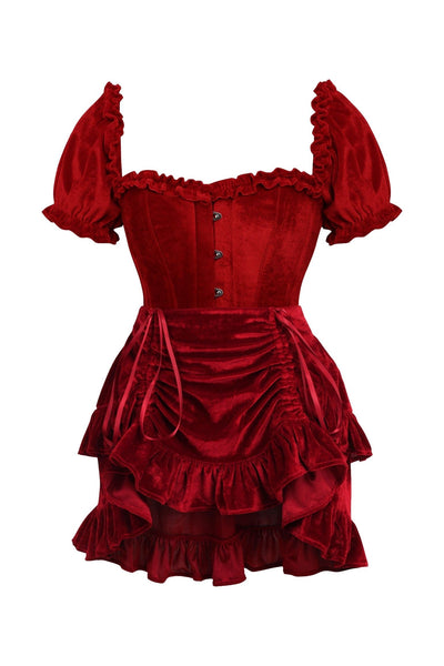 Top Drawer 2 PC Dark Red Velvet Steel Boned Corset w/sleeves & Skirt Set