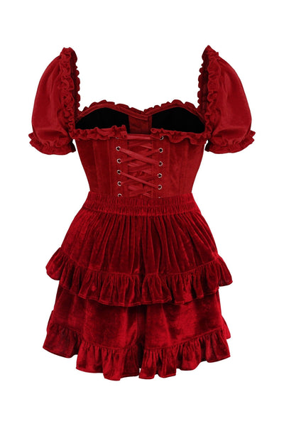 Top Drawer 2 PC Dark Red Velvet Steel Boned Corset w/sleeves & Skirt Set