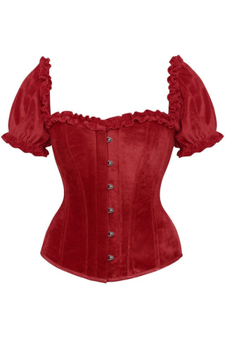 Top Drawer Steel Boned Dark Red Velvet Overbust Corset w/Sleeves