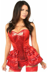 Top Drawer Red Satin & Sequin Steel Boned Corset w/Removable Snap Skirt